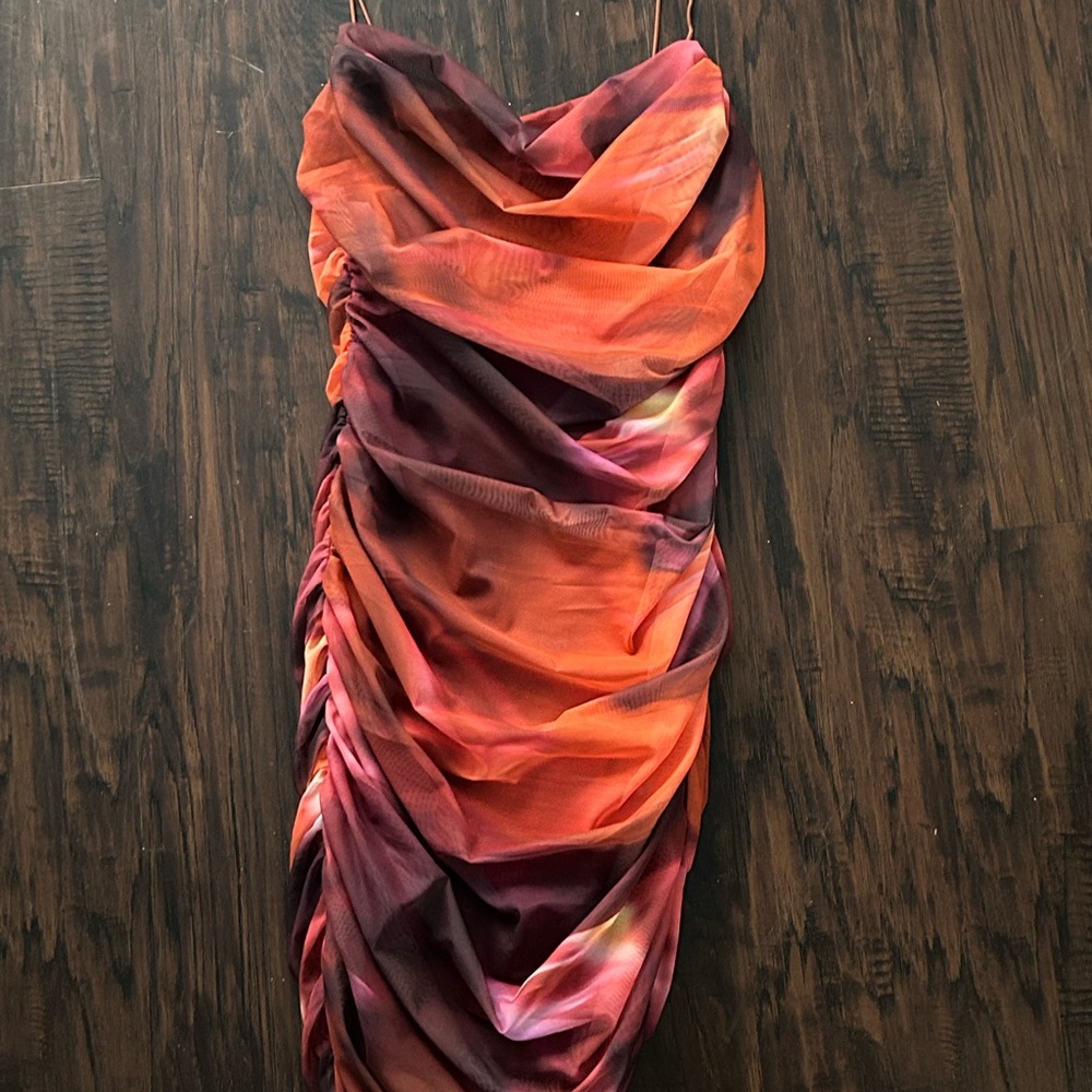 Oh Polly Orange and Pink Ruched Bodycon Mini Dress.
